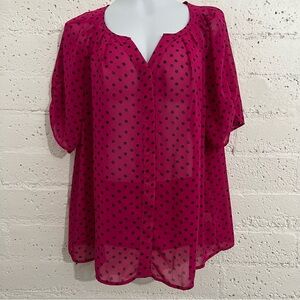 Apt 9 Womens Top 0X Pink Black Polka Dot Short Sleeve Button Front Plus Sheer AV